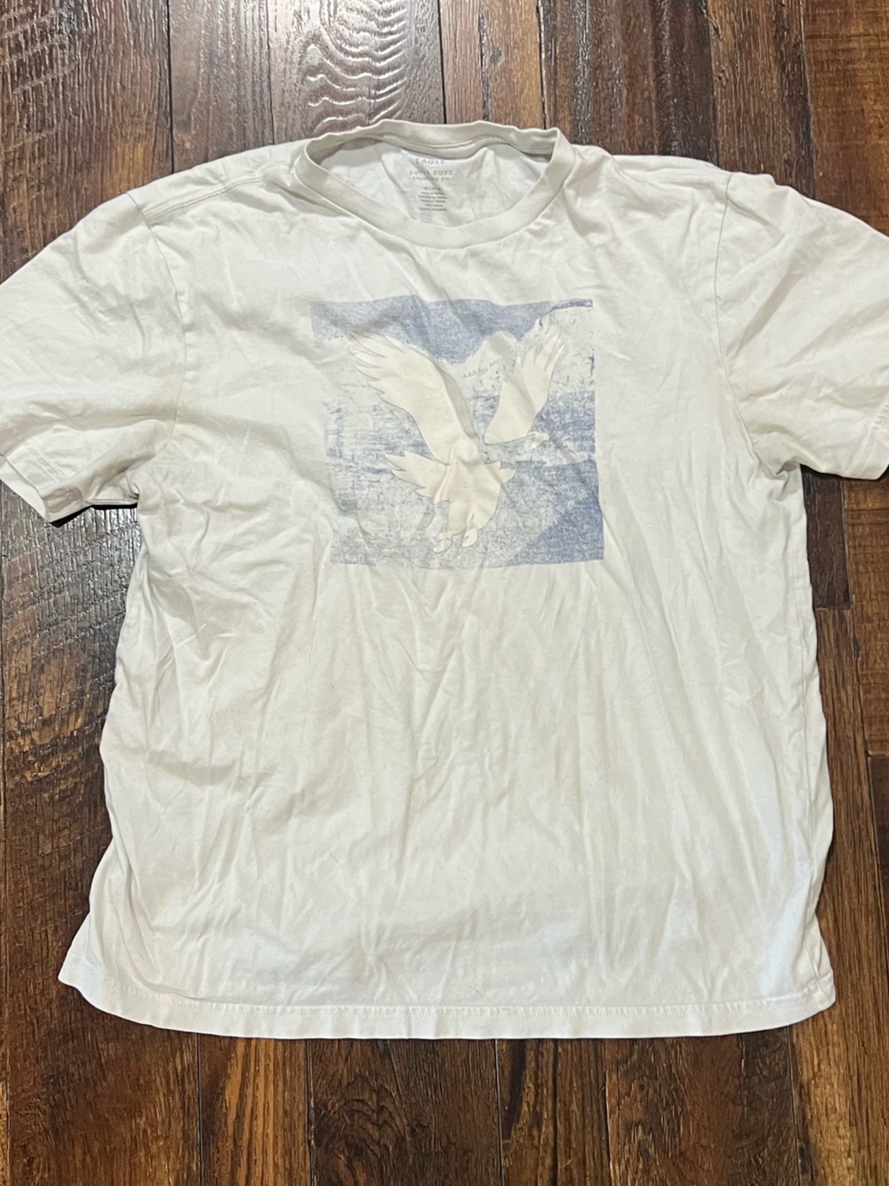 American Eagle White Graphic Tee with Subtle Blue Print